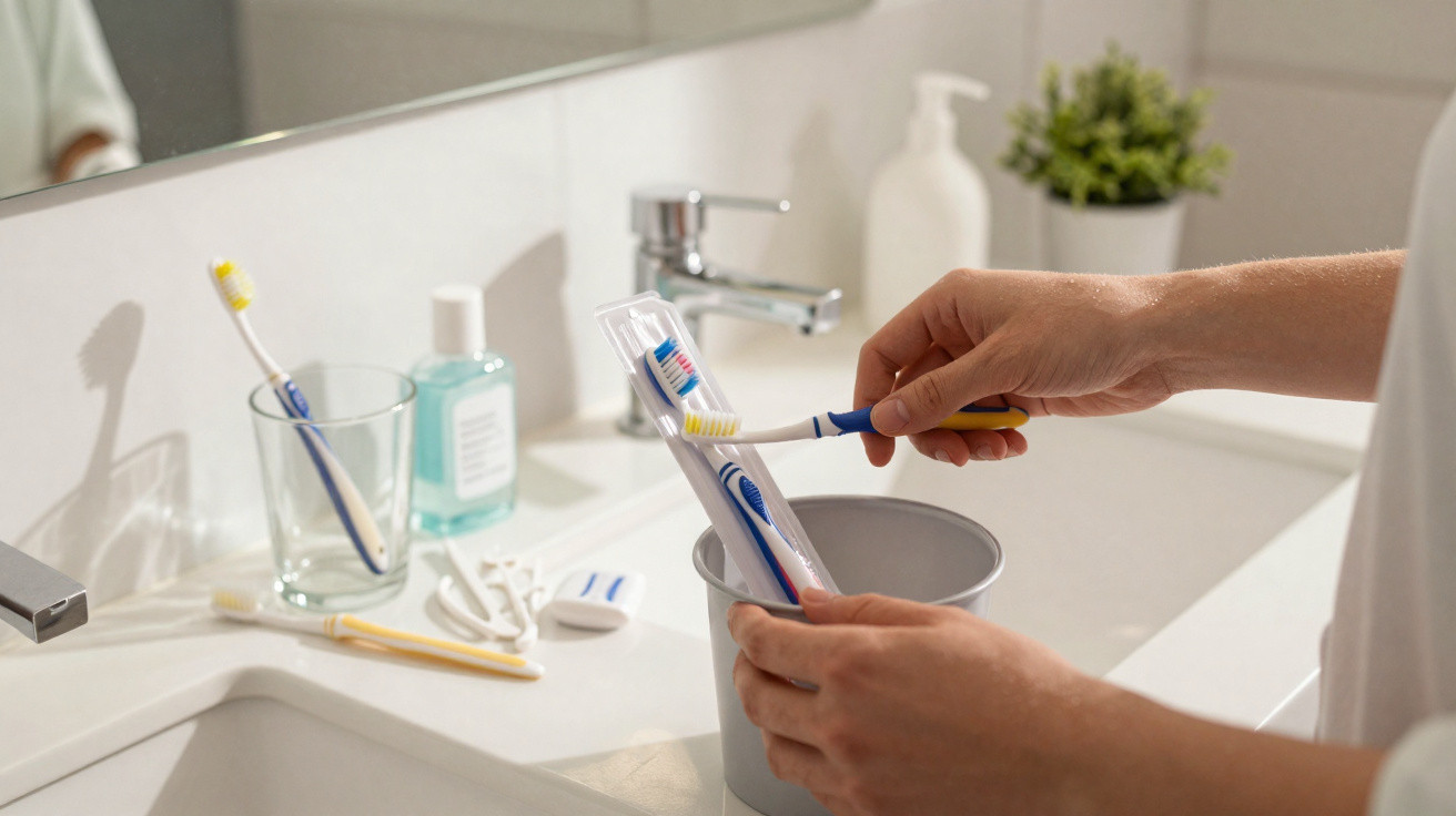Pessoa segurando escova de dentes e escovando outra em banheiro moderno com pia e planta decorativa.