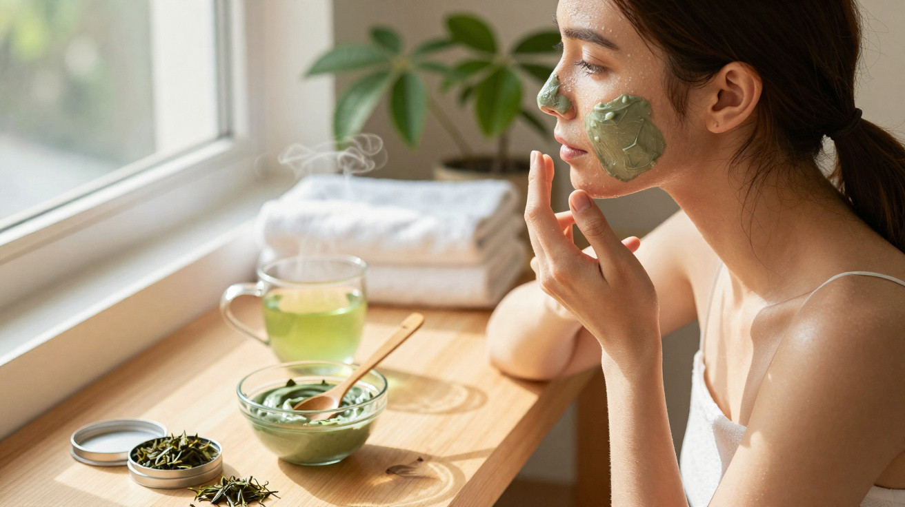Mulher aplica máscara facial verde enquanto relaxa perto de uma xícara de chá em mesa de madeira.