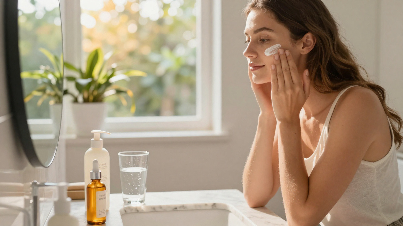 Mulher aplicando creme no rosto em banheiro iluminado, com plantas e produtos sobre a pia.