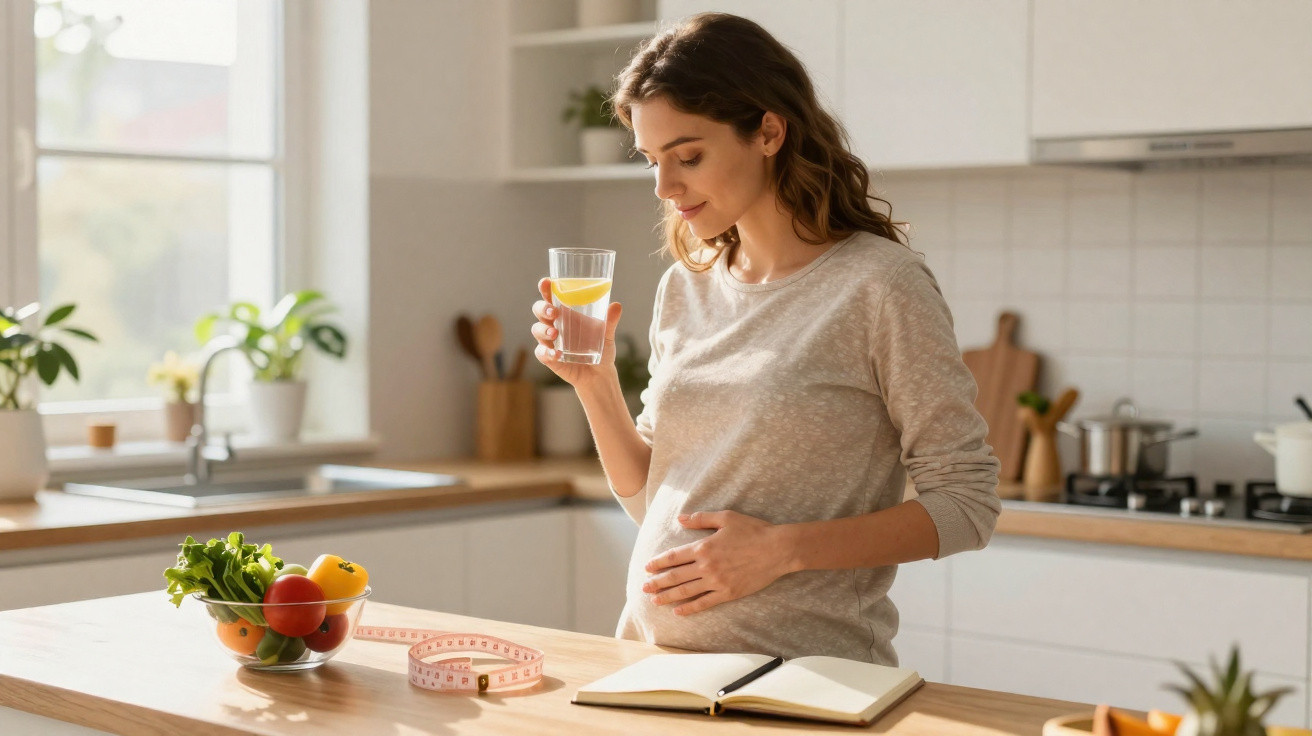 Mulher grávida na cozinha, segurando copo de suco, com legumes e fita métrica na bancada.