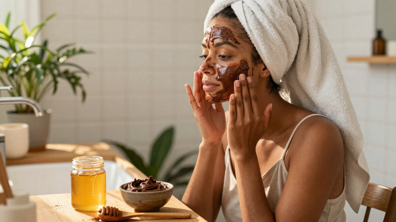Mulher com toalha na cabeça aplicando máscara facial de chocolate no rosto em cozinha iluminada.