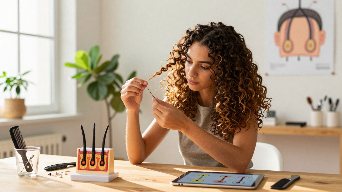 Mulher analisando fio de cabelo encaracolado em mesa com modelo de couro cabeludo e tablet.