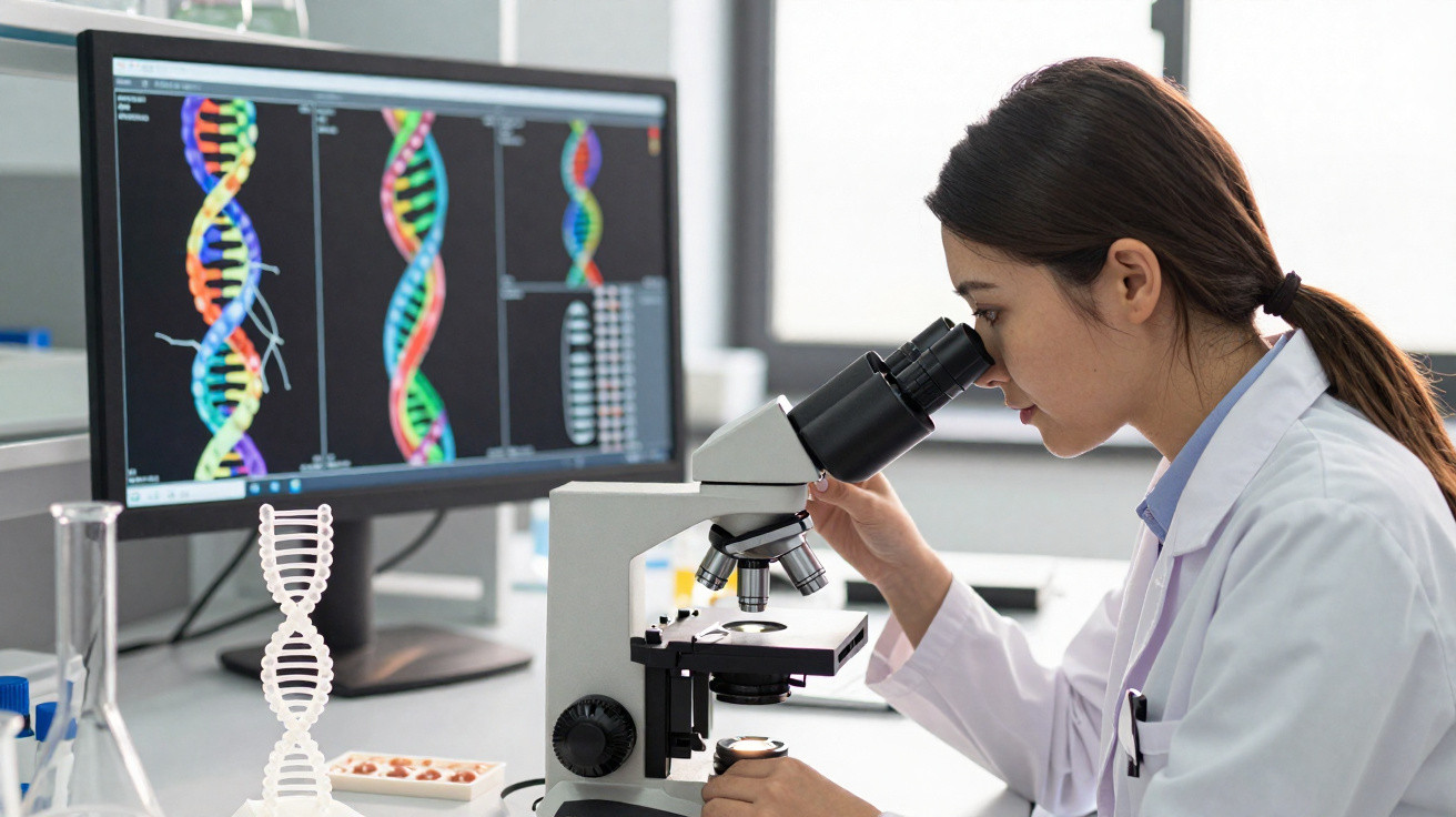 Cientista feminina analisando amostras no microscópio com imagens de DNA em tela de computador.
