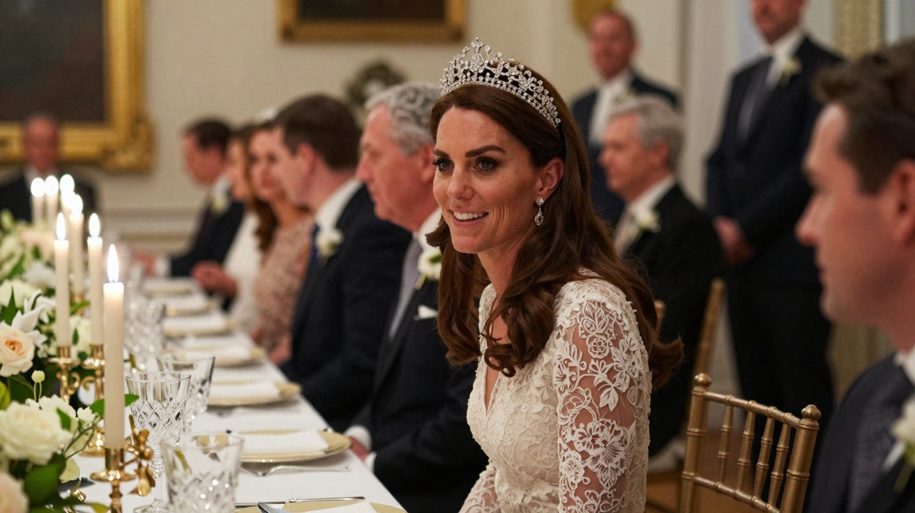 Mulher com vestido branco rendado e tiara sorrindo em jantar formal com várias pessoas sentadas à mesa.