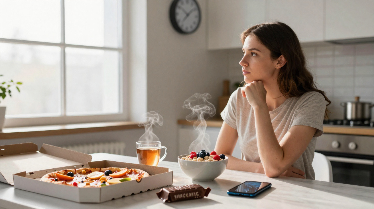 Mulher pensativa sentada à mesa com pizza, chá, bowl de frutas quentes e celular numa cozinha iluminada.