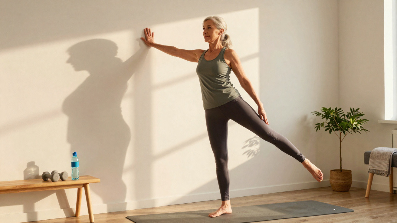 Mulher madura praticando alongamento em tapete de yoga em ambiente iluminado e acolhedor.