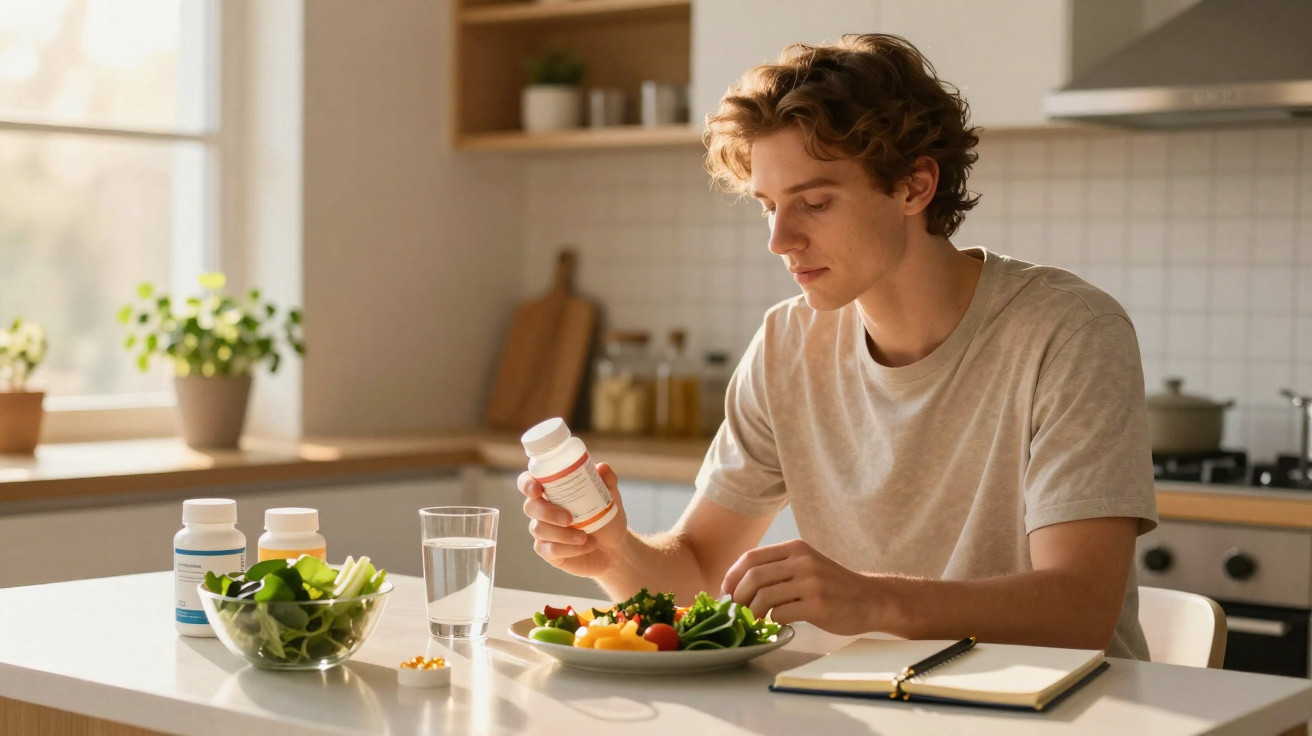 Jovem sentado à mesa na cozinha comendo salada e segurando frasco de suplemento vitaminico.