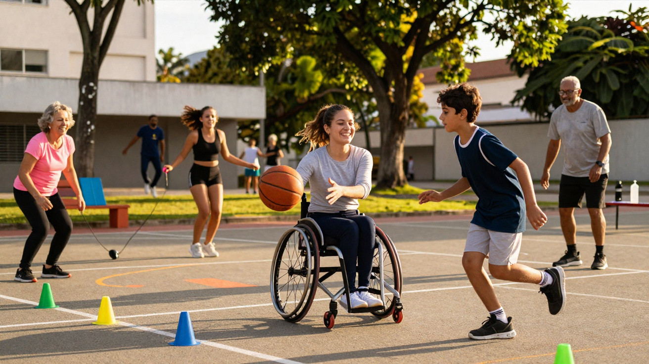 Jovem em cadeira de rodas jogando basquete com grupo diverso em quadra ao ar livre.