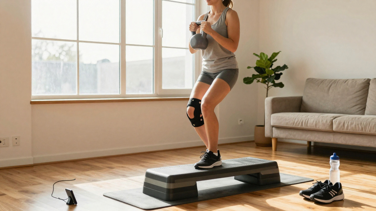 Mulher fazendo exercício com kettlebell sobre plataforma de step em sala iluminada.