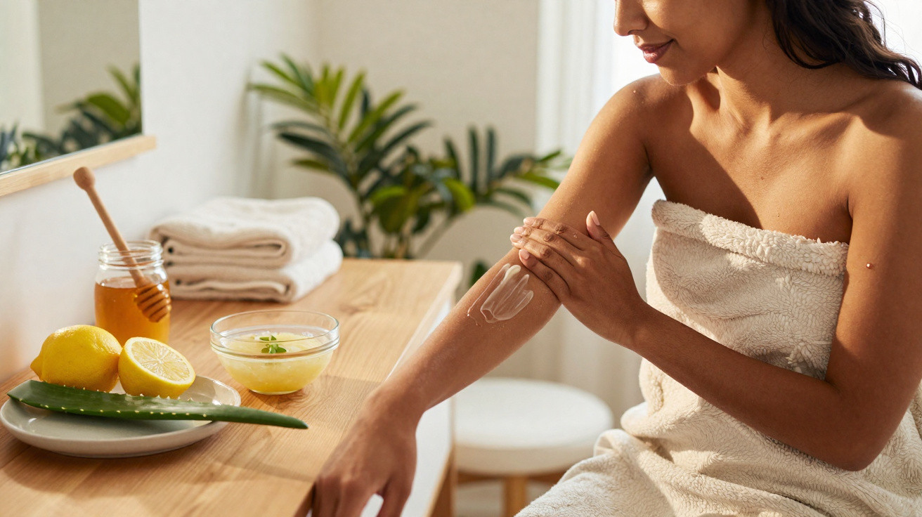 Mulher aplicando creme no braço sentada em banheiro, perto de mel, limão e aloe vera.