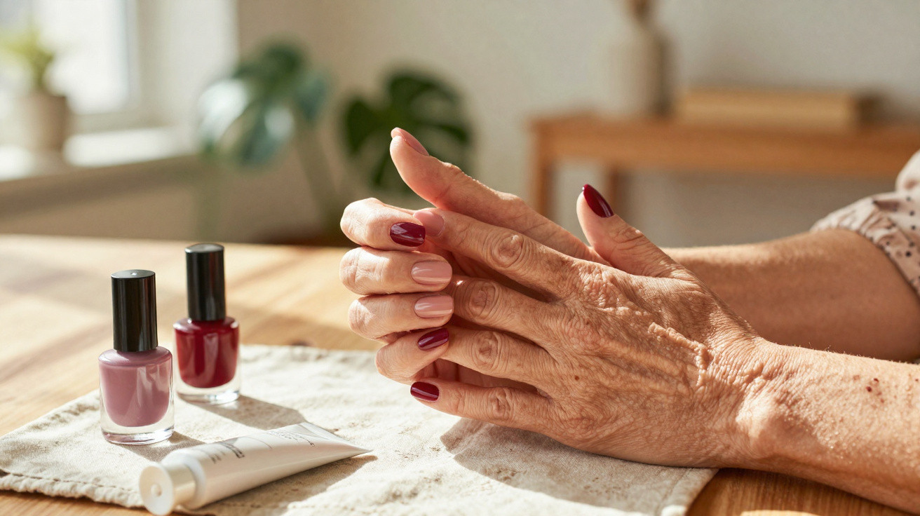 Mãos femininas com unhas esmaltadas em tons vinho e rosa, ao lado de esmaltes e creme sobre uma mesa.