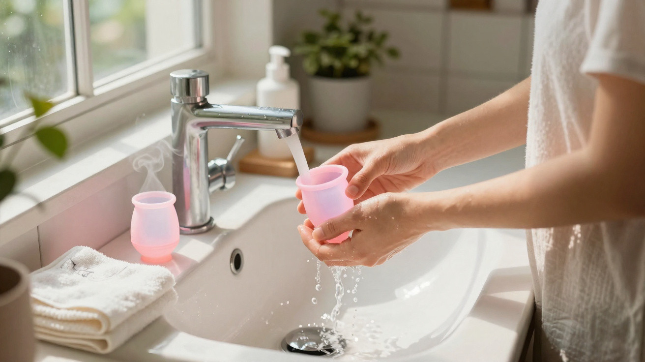 Pessoa lavando coletor menstrual rosa em pia com torneira aberta em ambiente iluminado.