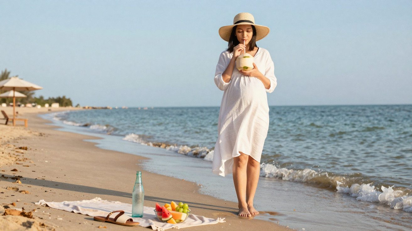 Mulher grávida de vestido branco e chapéu bebendo água de coco na praia com frutas e garrafa na areia.