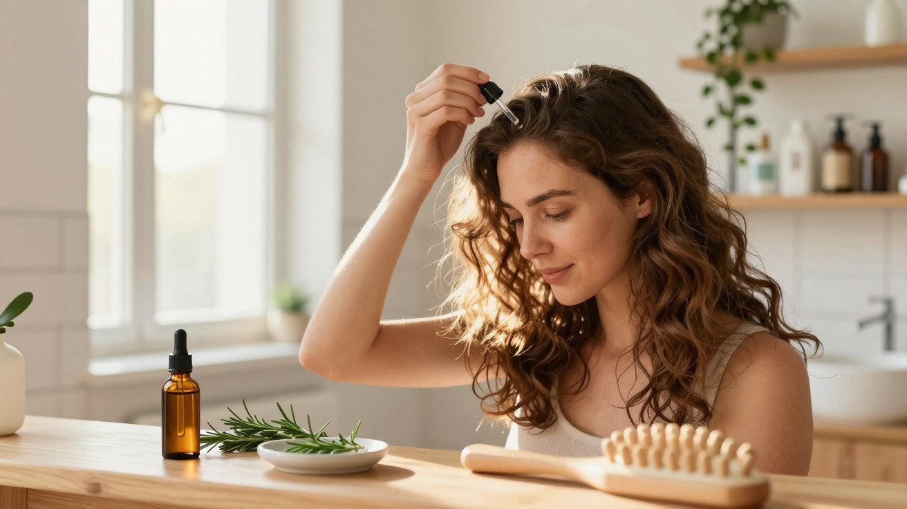 Mulher aplicando óleo no cabelo em gota a gota, com frasco e plantas sobre a mesa de madeira.