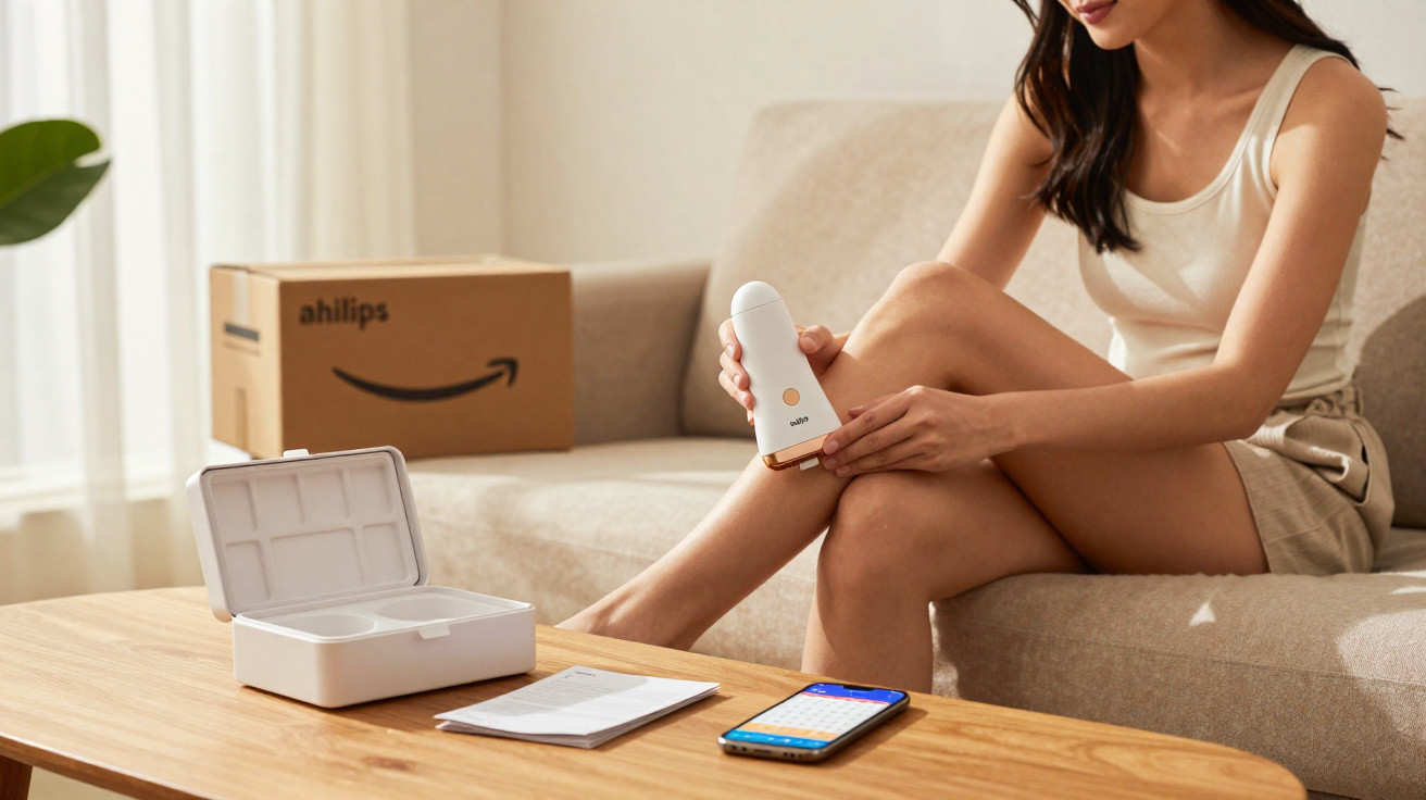 Mulher usando depilador elétrico branco nas pernas, sentada em sofá com caixa da Philips ao fundo.