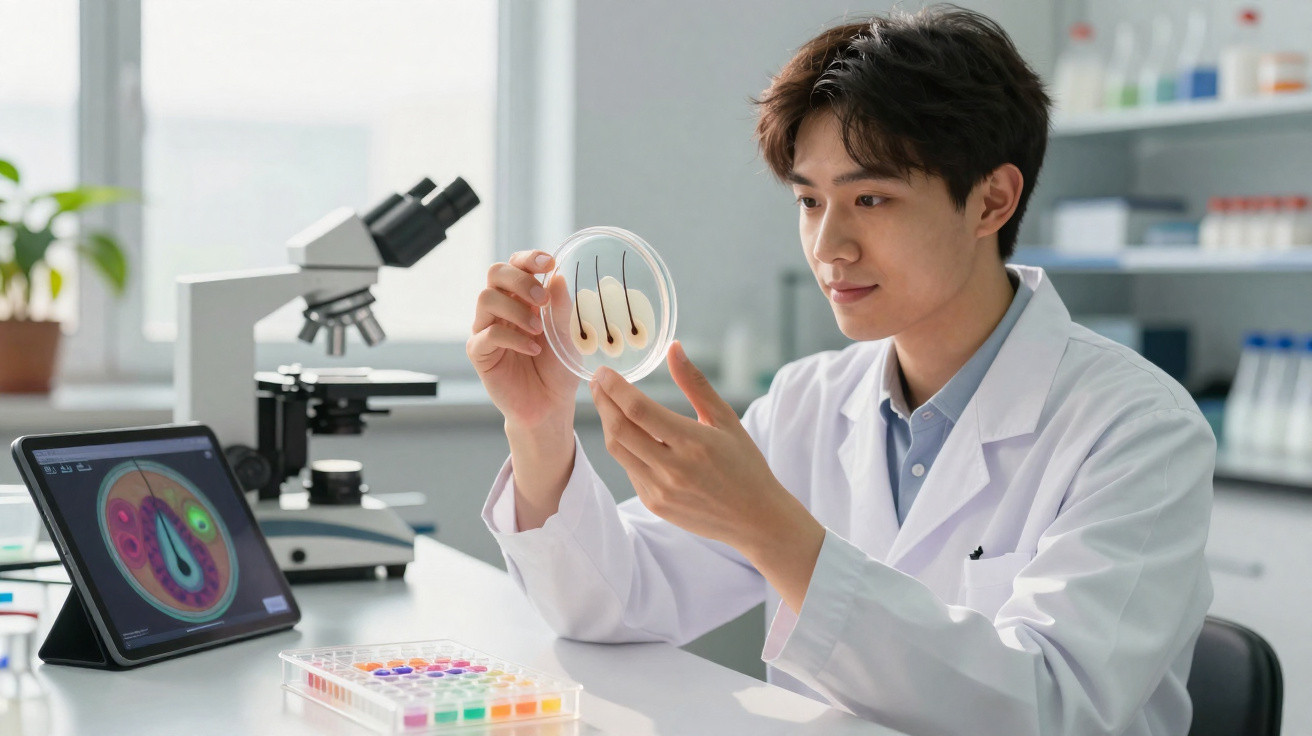 Pesquisador em laboratório observando cabelo em placa de petri, com microscópio e tablet ao fundo.