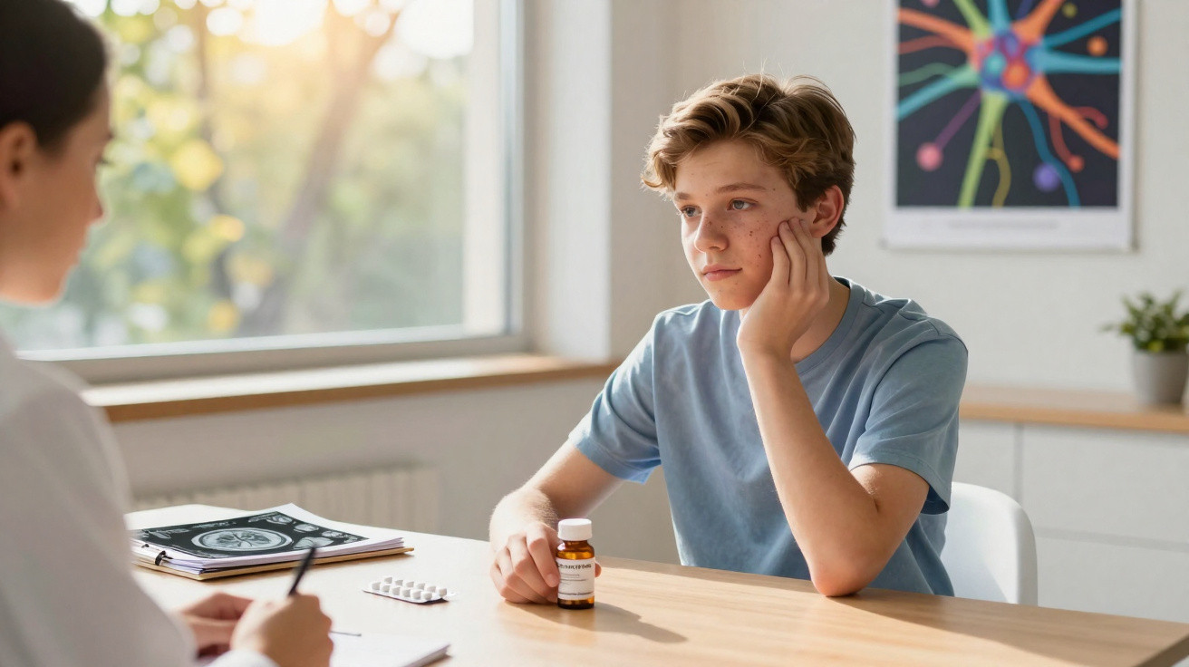 Jovem em consulta médica segurando frasco de remédio, aparentando dúvida ou preocupação.