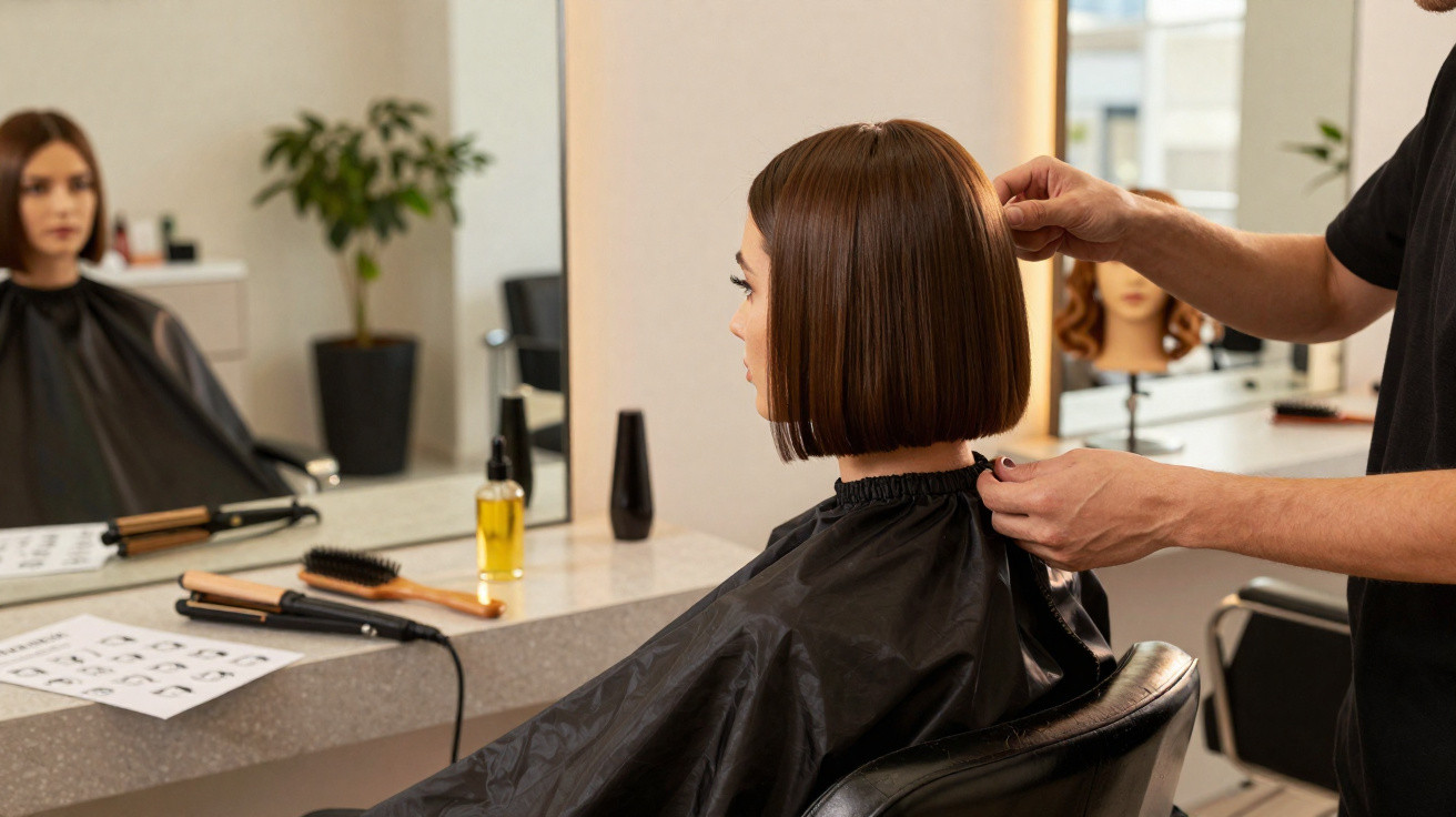 Mulher com cabelo curto e liso recebendo corte em salão de beleza moderno e iluminado.