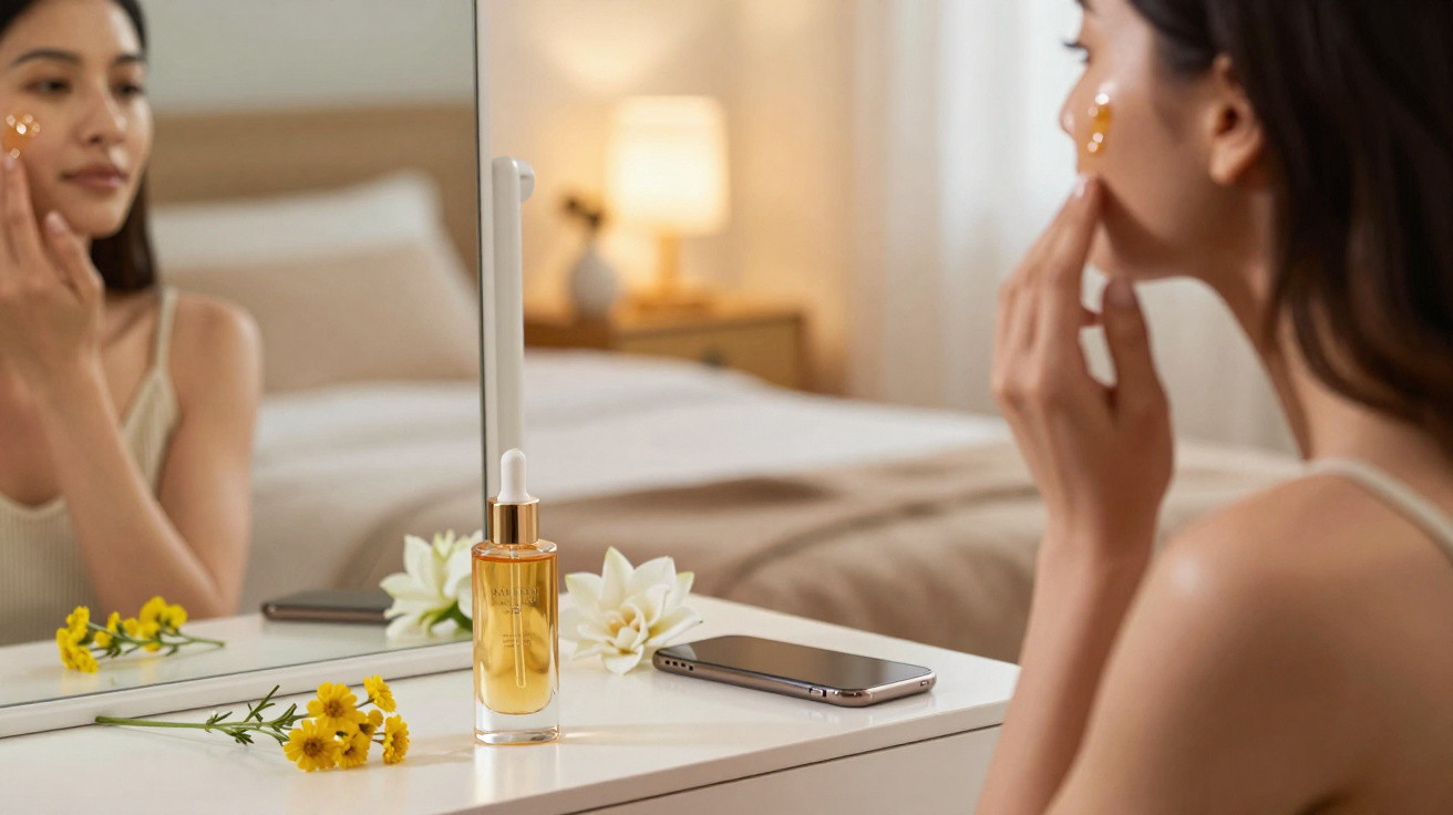 Mulher aplicando sérum facial em frente ao espelho, com flores e celular sobre a cômoda.