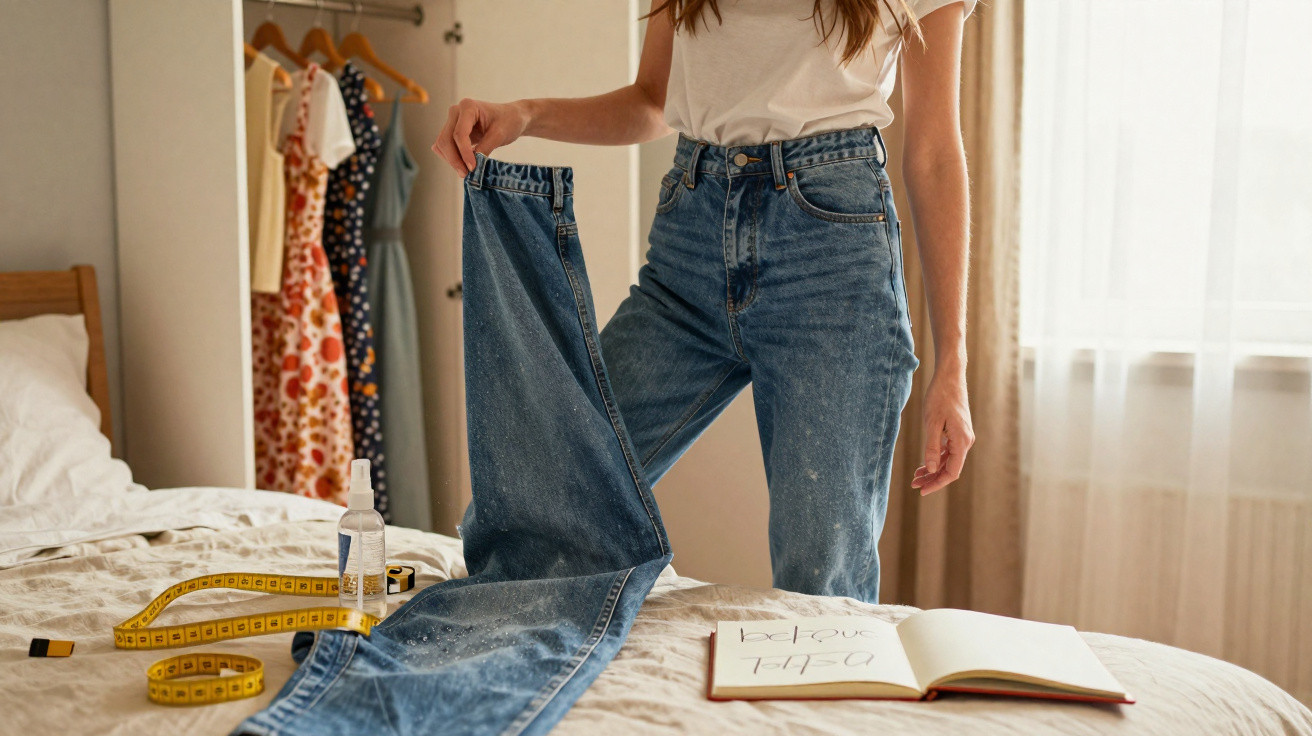 Pessoa segurando uma calça jeans grande com fita métrica e caderno sobre cama em quarto iluminado.