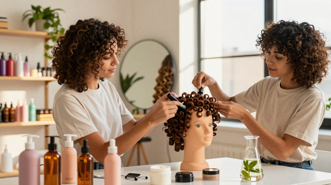 Mulher cacheada arrumando cabelos cacheados em manequim, com produtos de beleza sobre mesa em salão iluminado.