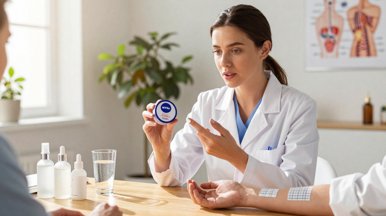 Médica mostrando creme Nivea azul para paciente com curativos no braço em consultório iluminado.