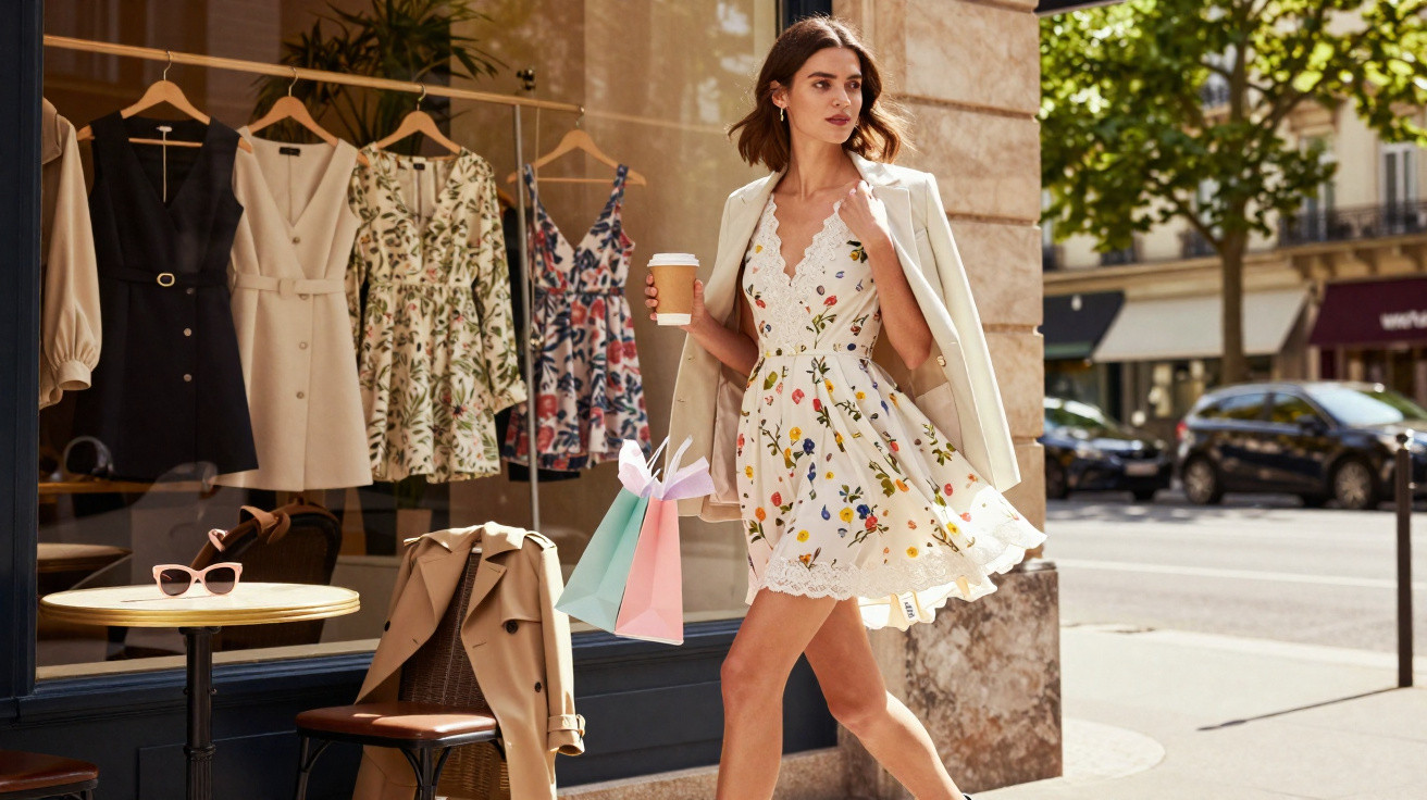 Mulher caminhando na rua com vestido branco floral, blazer bege nos ombros e sacolas de compras coloridas.