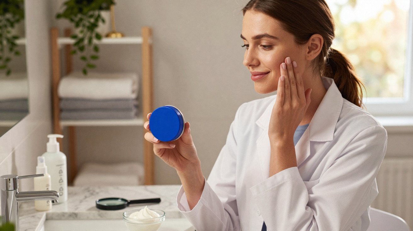 Mulher em jaleco aplica creme facial enquanto segura pote azul no banheiro bem iluminado.