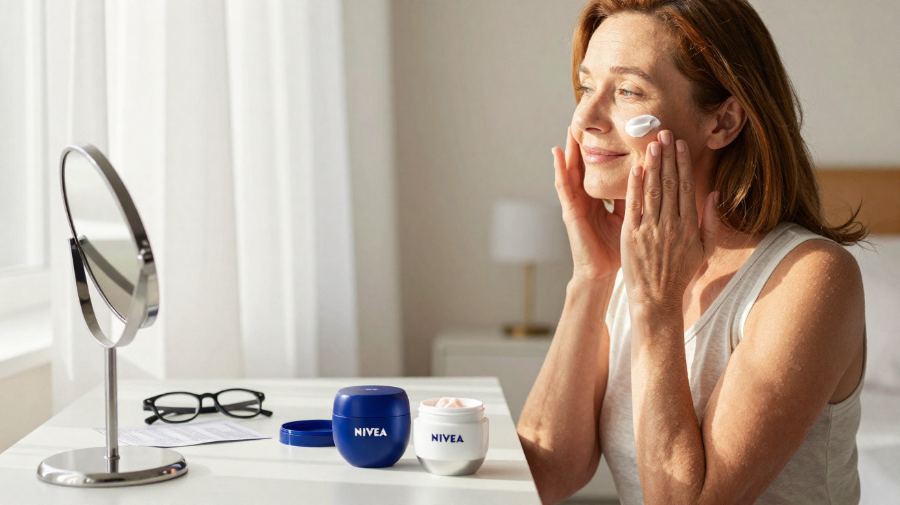 Mulher aplicando creme facial sentado à mesa com potes de Nivea e espelho ao lado em ambiente iluminado.