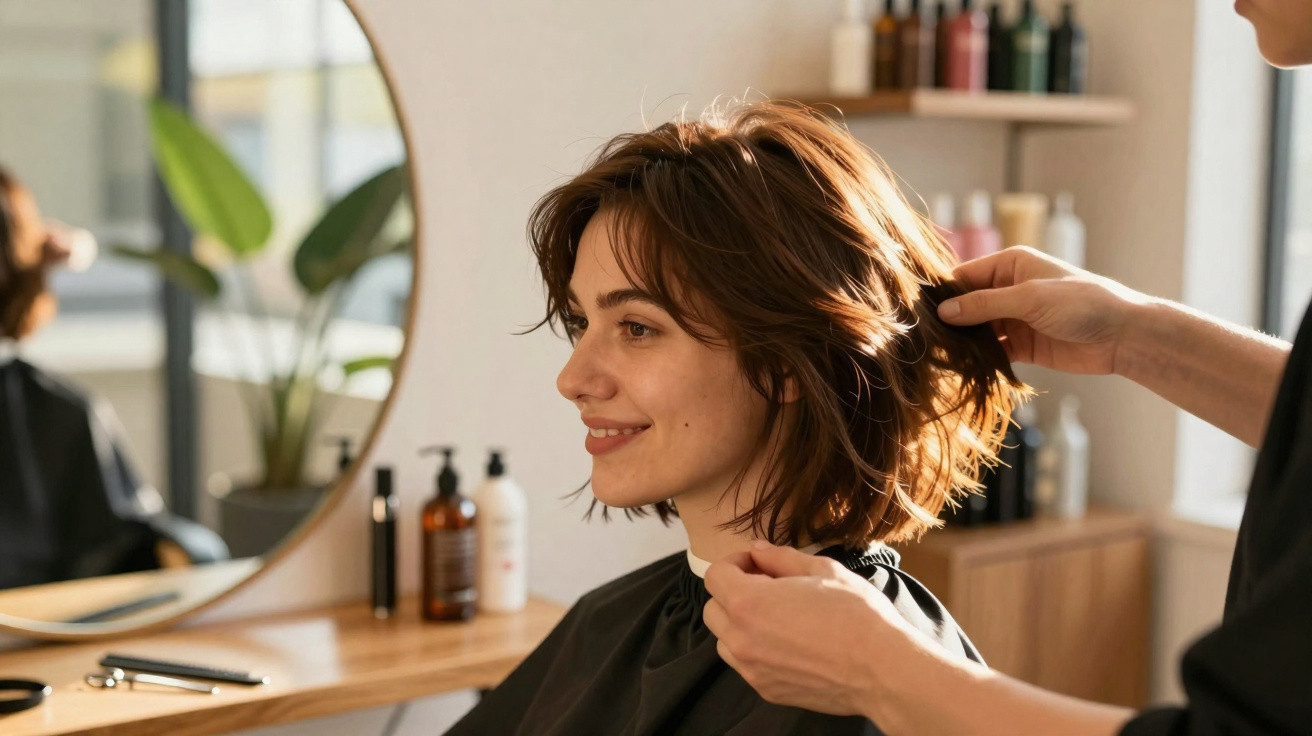 Mulher sorrindo enquanto cabeleireiro ajusta seu cabelo curto em salão moderno com espelho redondo.