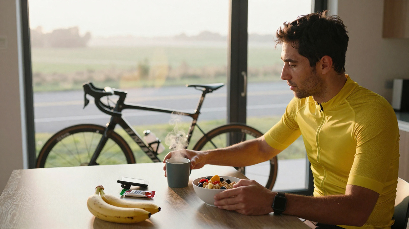 Homem com roupa de ciclismo tomando café da manhã com frutas, bicicleta ao fundo perto da janela.