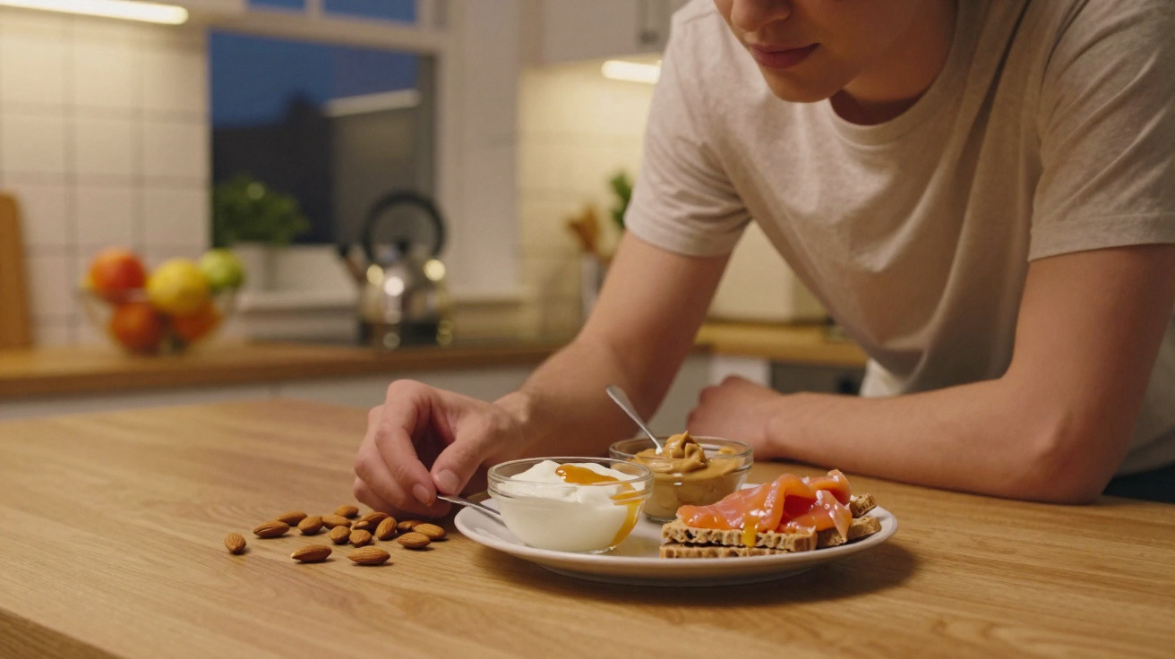 Pessoa usando camiseta clara provando lanche com amêndoas, iogurte, pasta de amendoim e salmão defumado na cozinha.