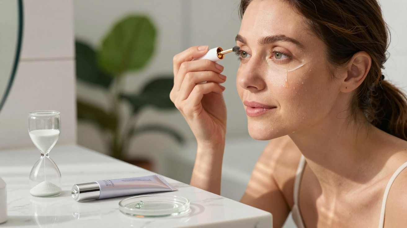 Mulher aplicando sérum facial com conta-gotas perto de ampulheta em mesa branca.