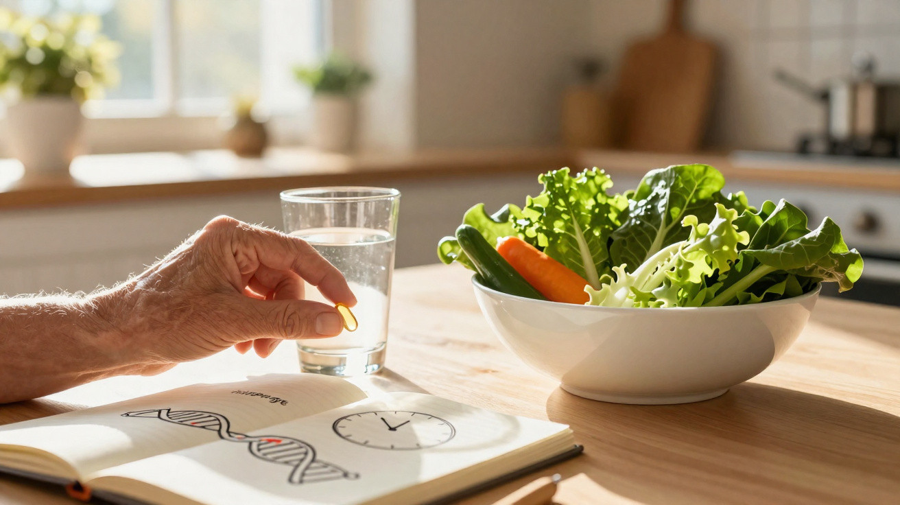 Mão segurando cápsula ao lado de copo com água, livro aberto com DNA e relógio, e tigela com verduras e cenoura.