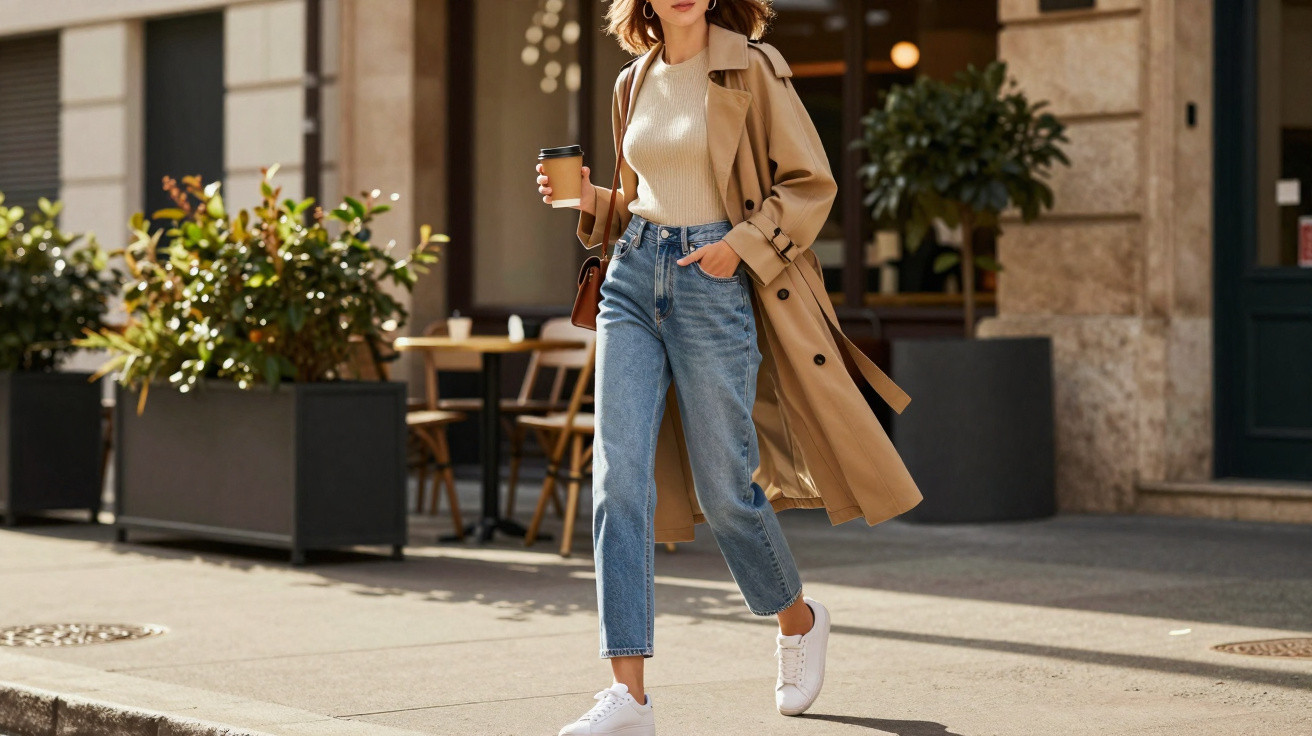 Mulher vestindo trench coat bege, jeans e tênis brancos, segurando copo de café, caminhando na calçada urbana.