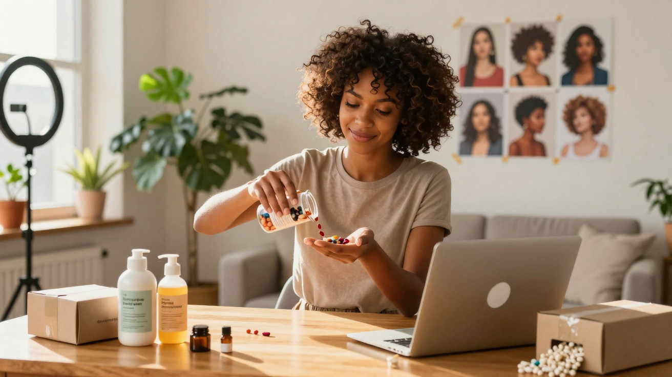 Mulher sorridente conta cápsulas na mão em mesa com laptop e produtos naturais ao redor.