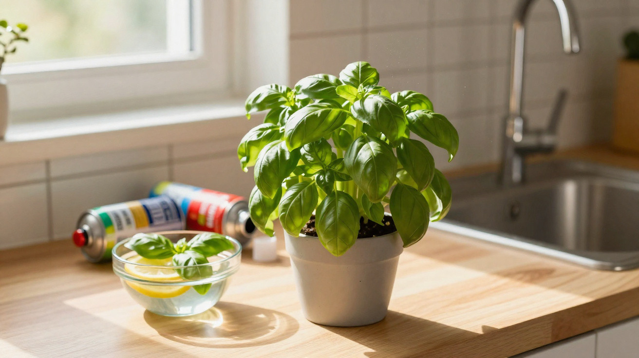 Planta de manjericão em vaso branco sobre bancada de cozinha próxima a pia e janela.