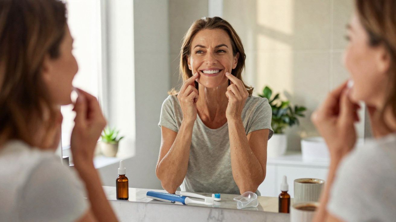 Mulher sorrindo para o espelho no banheiro, mostrando os dentes e cuidando da saúde bucal.