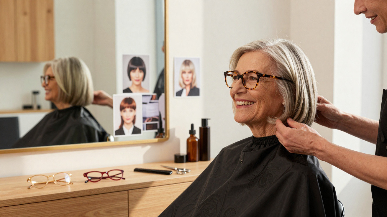 Mulher idosa sorrindo em salão de beleza com cabeleireiro ajustando seu cabelo cinza curto.