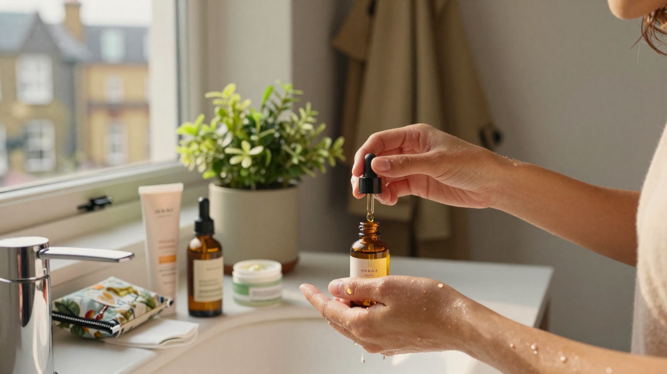 Pessoa aplicando sérum facial com conta-gotas em uma mão perto de pia e janela com planta.