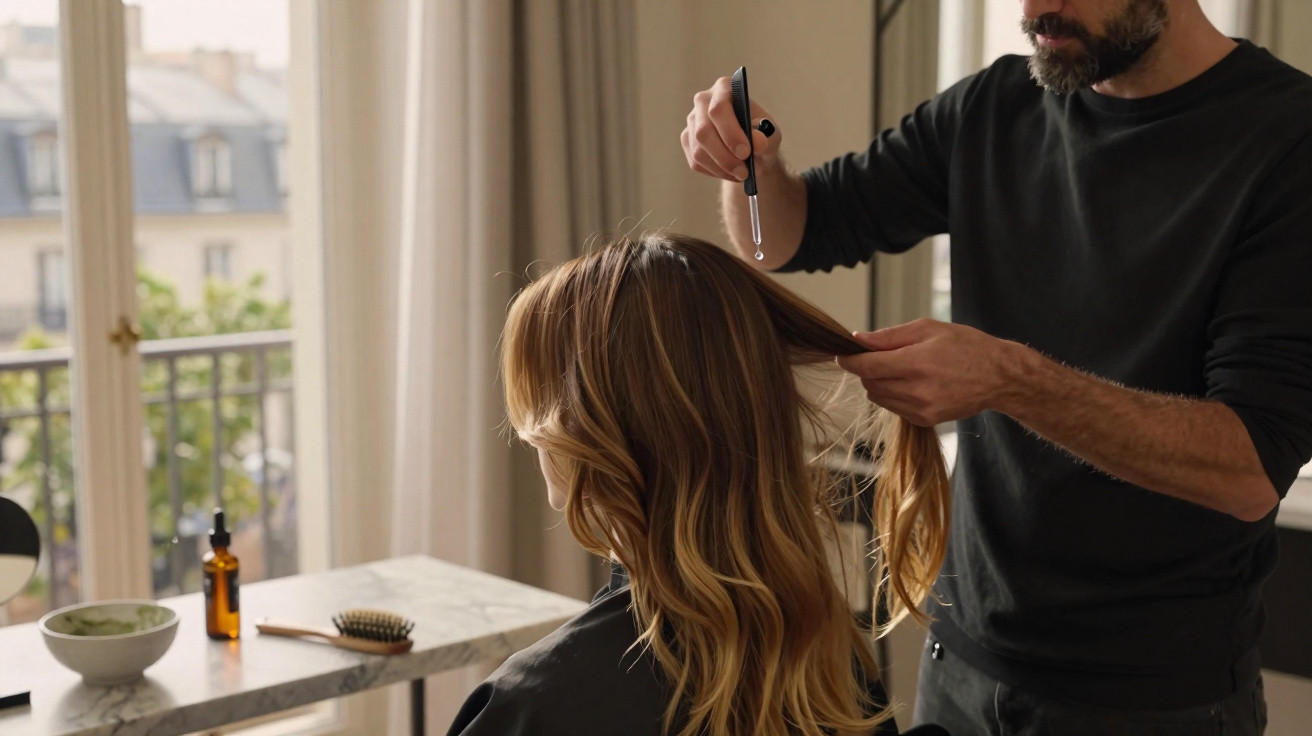 Homem aplicando produto no cabelo loiro de mulher sentada em salão iluminado por janela.