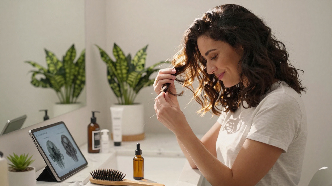 Mulher com camiseta branca examinando cabelo em banheiro com produtos e tablet ao fundo.