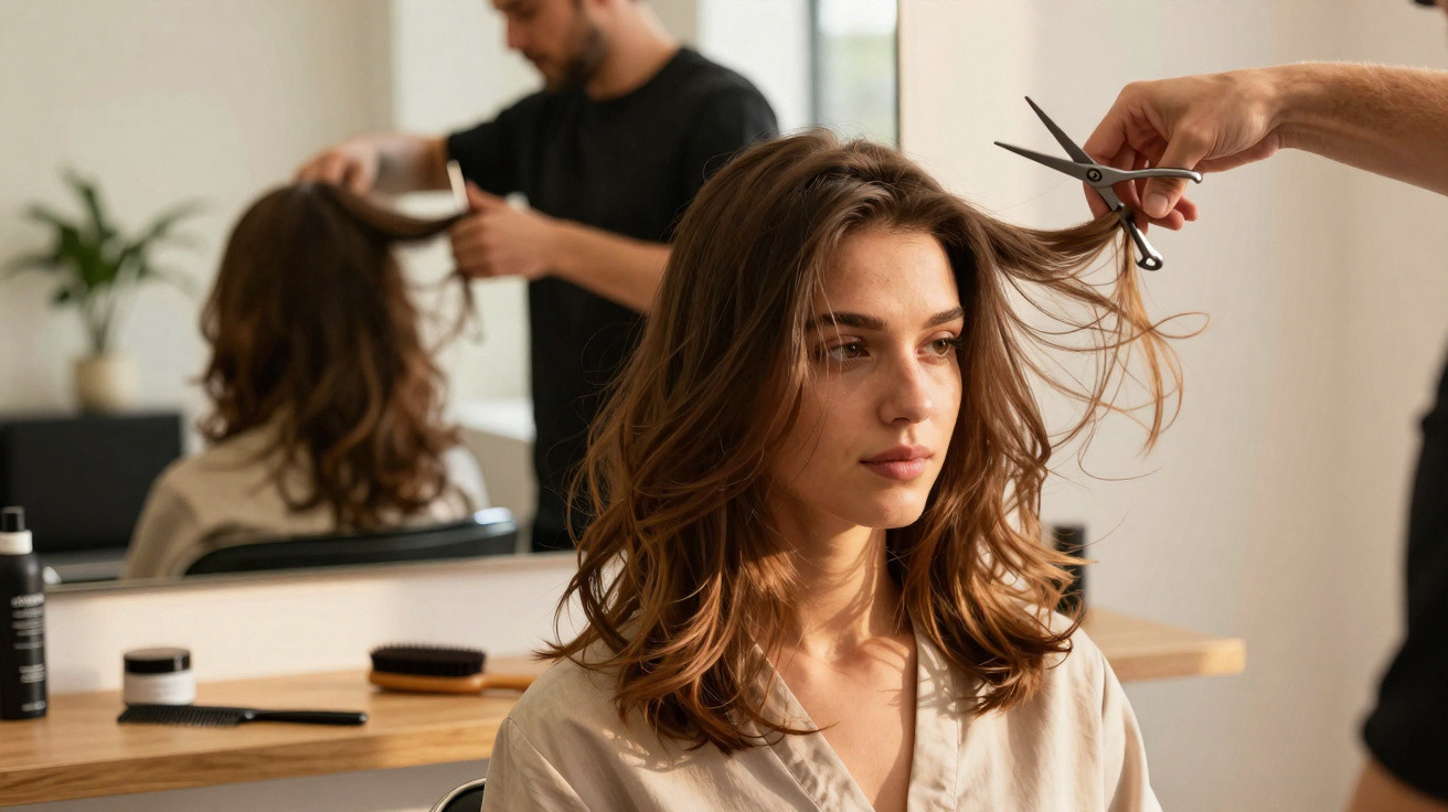 Mulher com cabelo castanho claro recebendo corte de cabelo em salão moderno e iluminado.