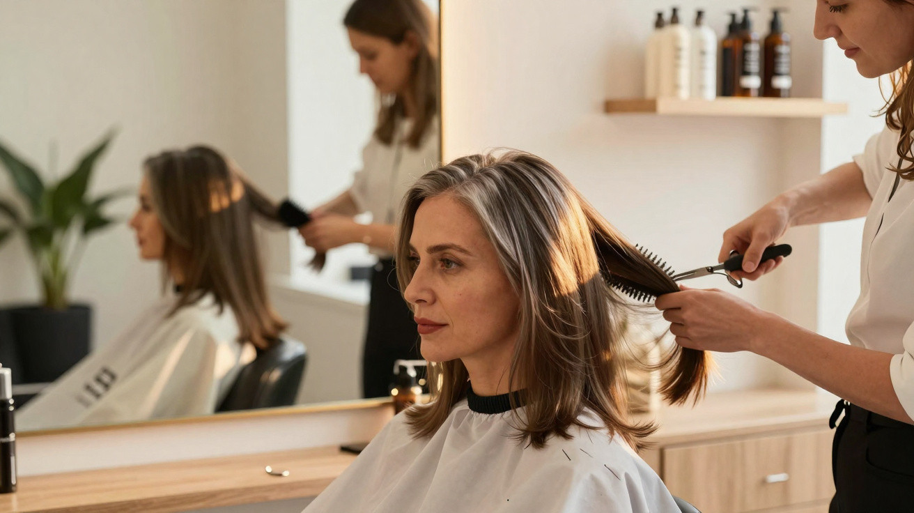 Mulher recebendo corte de cabelo em salão moderno com profissional usando tesoura e pente.