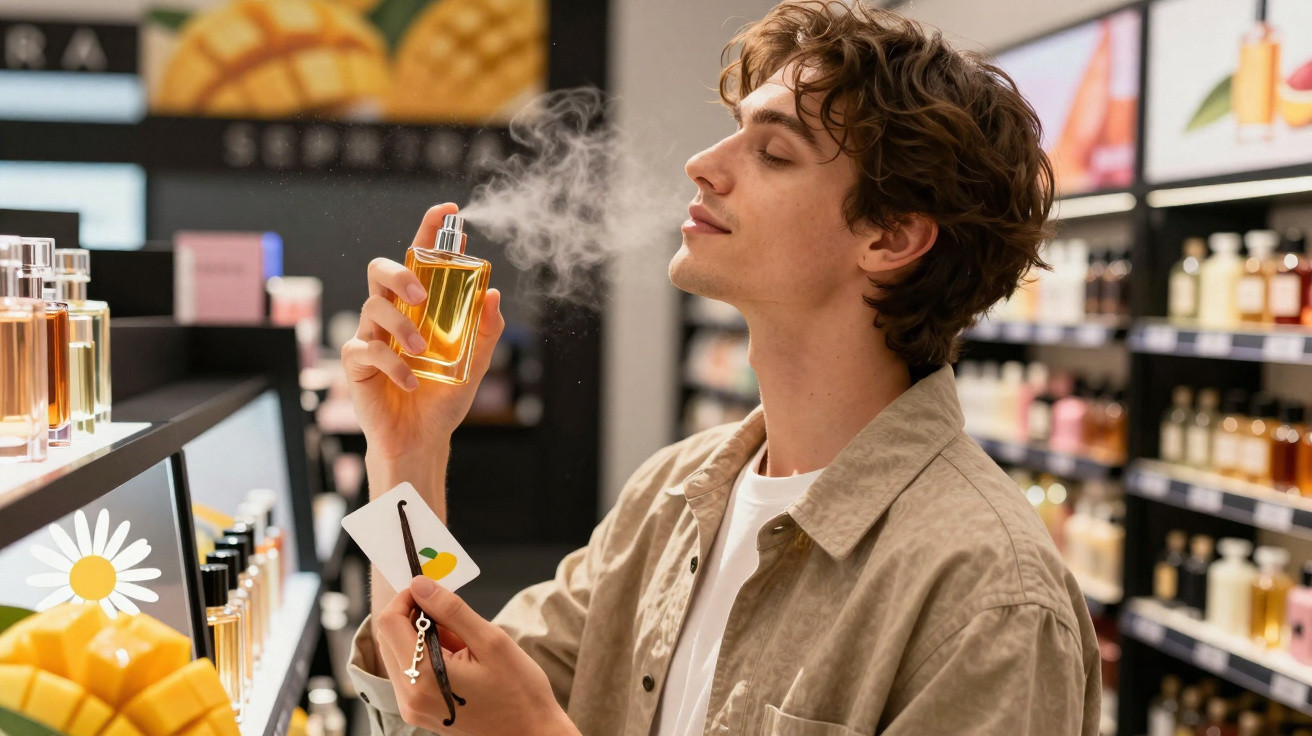 Jovem em loja de perfumes testando fragrância com spray e cartão aromático nas mãos.