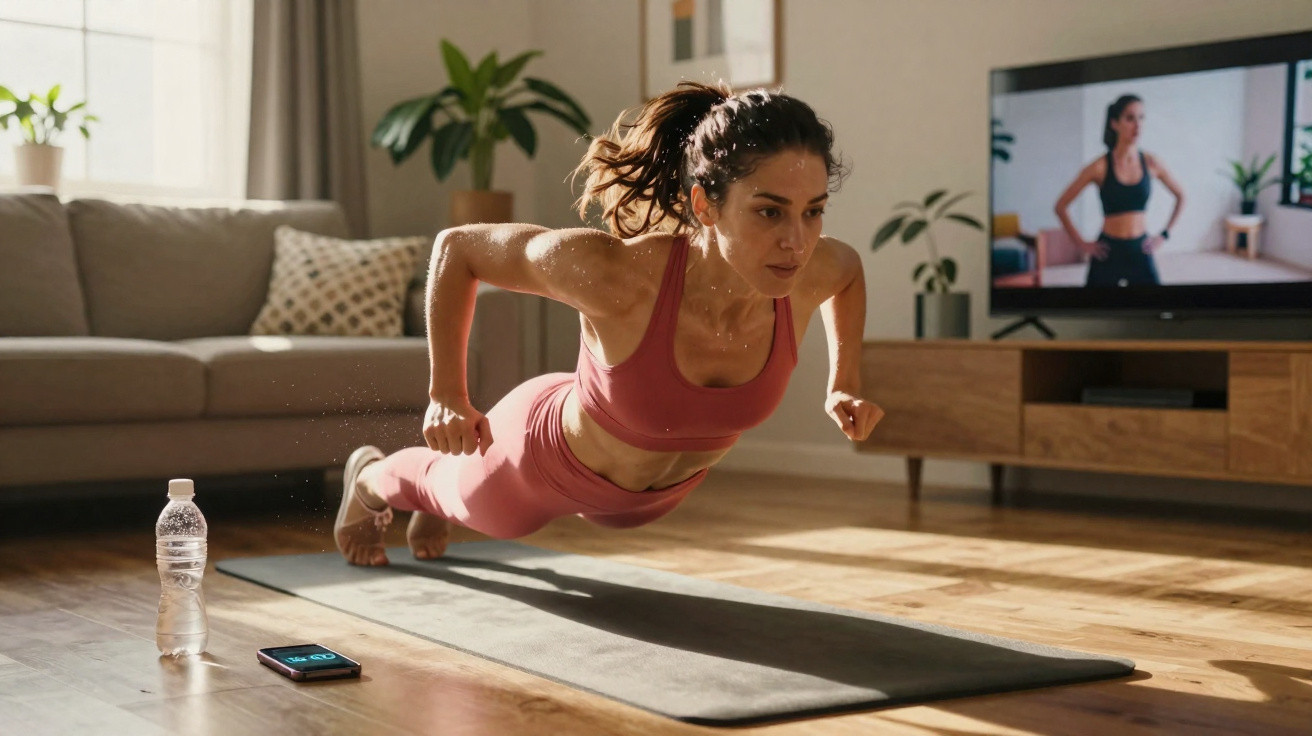 Mulher suada fazendo flexão no tapete da sala com aula de exercício no vídeo da TV ao fundo.