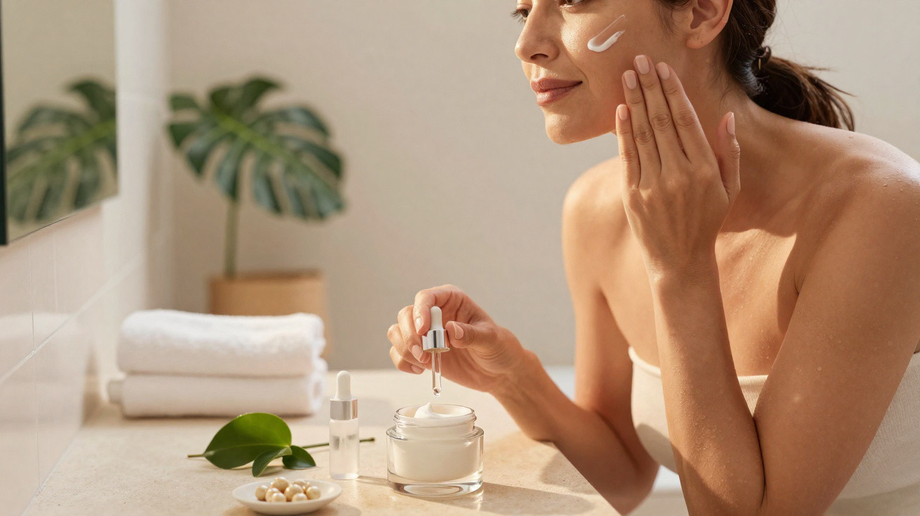 Mulher aplicando creme no rosto em banheiro com toalhas e plantas ao fundo.