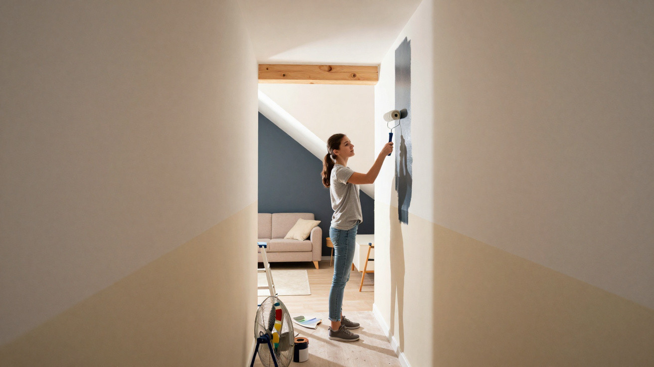 Mulher pintando a parede de uma sala com tinta azul escura usando um rolo de pintura.
