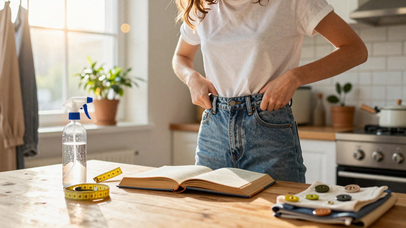 Pessoa ajustando calça jeans na cozinha com livro aberto, fita métrica, botões e borrifador sobre a mesa.