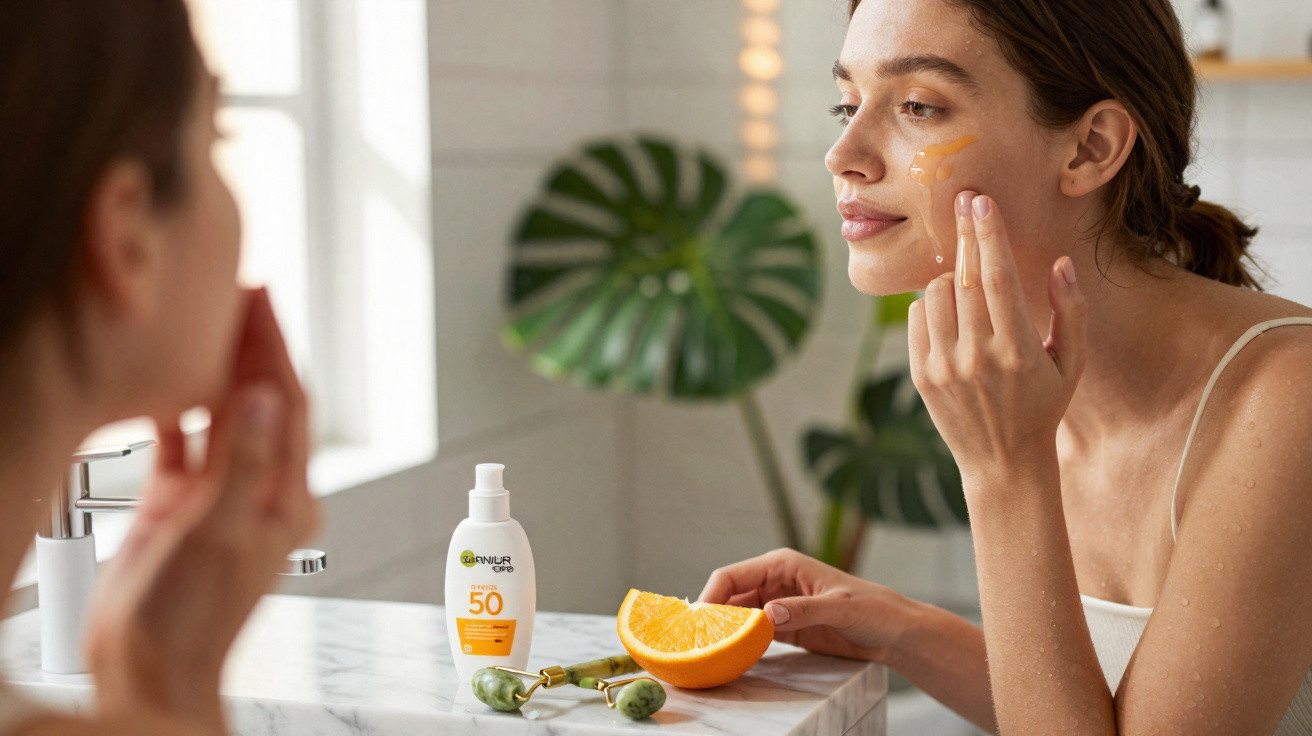 Mulher applying sunscreen on face in bathroom, with grapefruit and skincare products on marble countertop.